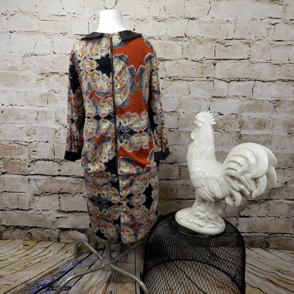 Walter Baker Cassi Paisley Mini Dress Satin Brown Leather Cuff Neutral Work XS - Picture 4 of 8